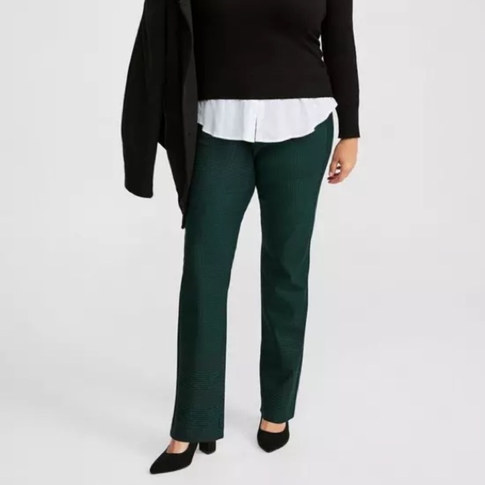 Studio By Torrid 20 R Glen Plaid Green Trouser Straight Ponte Pants Plus Holiday